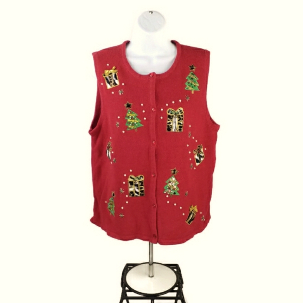 KB Collections Red Button Up Applique Beaded Holiday Sleeveless Vest Womens XL